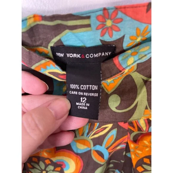 Vintage-Inspired New York & Company Floral Skirt 100% Cotton Size 12 Brown & Mul - Picture 3 of 4